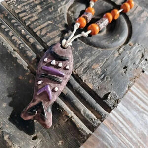 Artisan Tribal Fish Unglazed Clay Purple Multicolor Flower OOAK Pendant Necklace